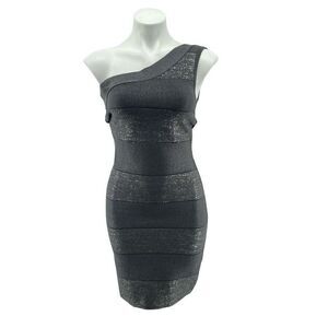 BEBE Women’s Gray Metallic Panel One Shoulder Bandage Bodycon Mini Dress Small